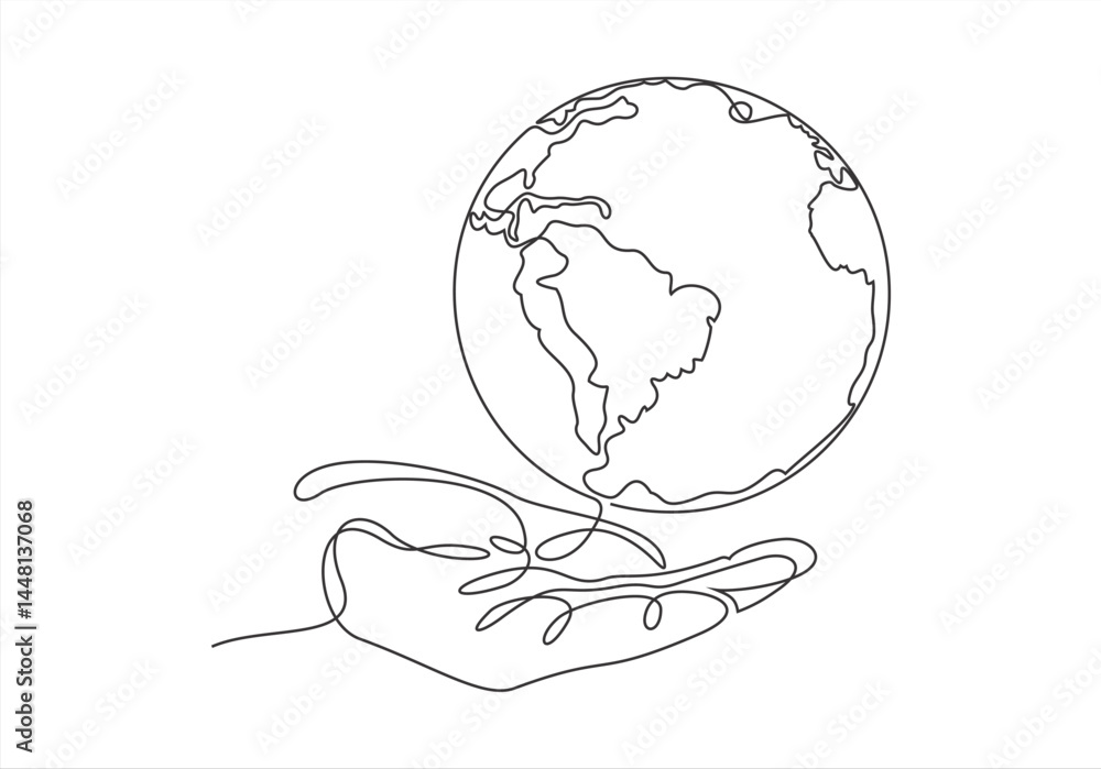 Poster one continuous line drawing of hand holding earth globe. world environment day poster in simple line