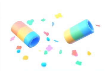 3D cartoon confetti cannon party popper with colorful rain, ultra-high-definition, detailed design, white background, celebration concept.