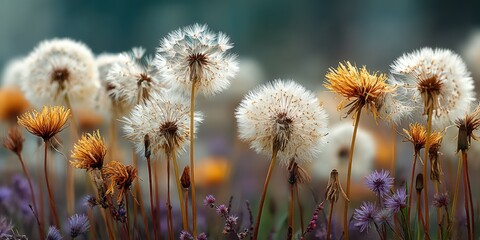 Obraz premium Colorful dandelions and wildflowers standing tall in a sunny meadow during early springtime
