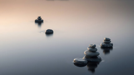 Minimalist zen stones floating on calm water with soft reflections and muted natural colors. Clean composition that evokes peace and stillness, Created with generated AI.