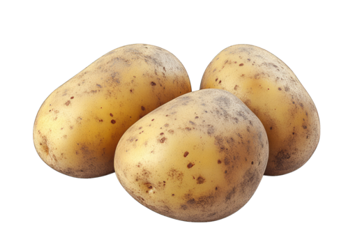 Three fresh. unpeeled potatoes with a natural brown skin texture. arranged closely together on a clean white background. suitable for culinary and agricultural stock photography