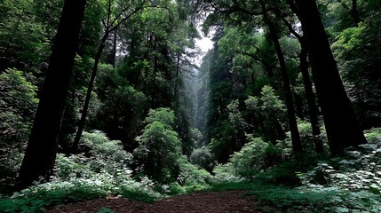 Naklejka premium Sunlit Redwood Forest Path with Nature Trail, and Serenity.