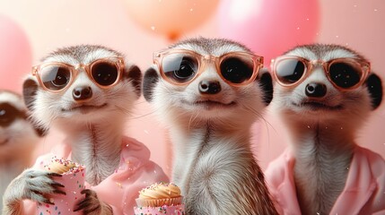 Festive meerkats wear sunglasses, pink shirts and hold sprinkle cupcakes in celebration, adorable gathering, fun party time on a transparent background, PNG image, PNG file.