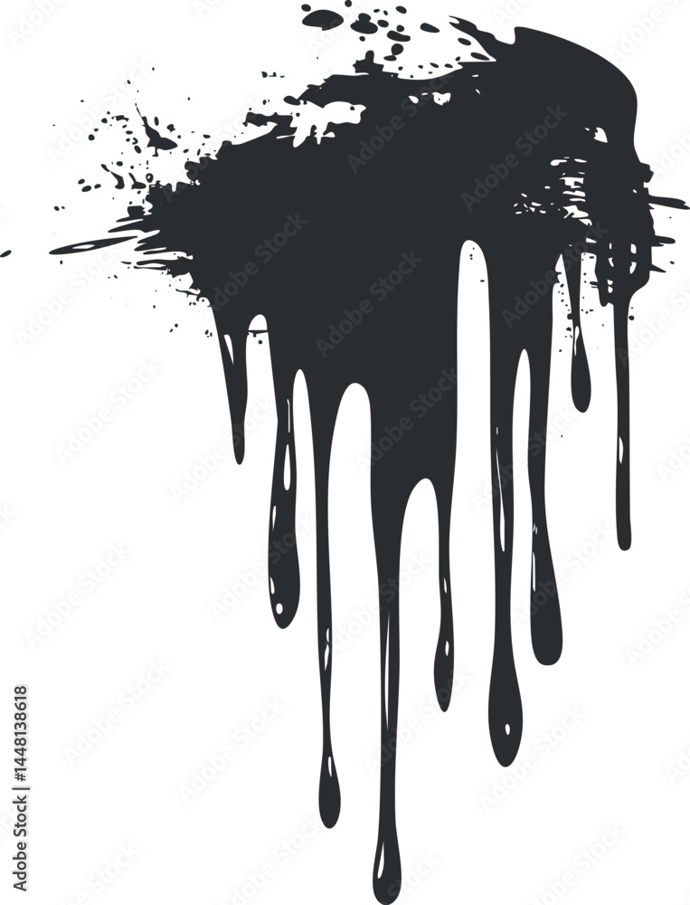 Poster black paint dripping with splatters on a white background creating an abstract artistic effect