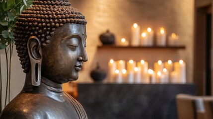 Fototapeta premium Bronze Buddha statue in profile with gently burning candles behind, creating a calm, spiritual ambiance