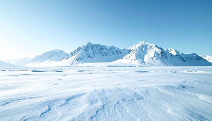 Obraz premium emote snow-cloaked mountains towering over icy plains, sunlight catching on jagged edges, frozen silence stretching to the horizon
