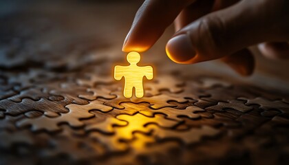 hand placing the final puzzle piece with a luminous person icon, above a wooden jigsaw puzzle, representing the successful completion of recruitment process