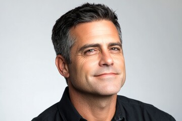 Obraz premium Trendy men's crew cut haircut - midlife white man with black hair. A charismatic male posing naturally in a studio. Pure white solid background. Conceptual art of style for aging men.