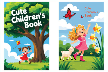 Fototapeta premium Cute Childrens Book Cover Illustration Girl With Kite Butterfly And Sheep