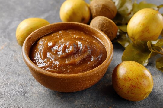 Puree of fresh tamarind served in a bowl with whole fruit
