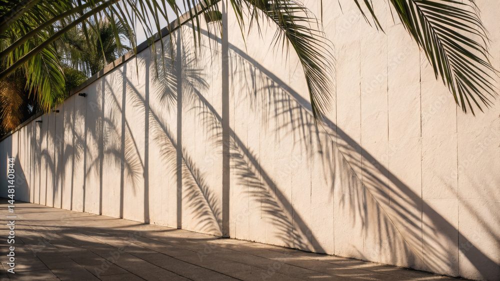 Poster Palm shadow on white wall with sunlight creating long thin patterns, evoking calm and warm atmosphere in outdoor setting