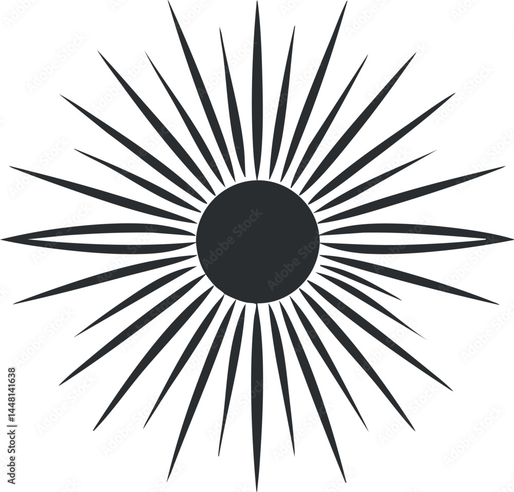 Poster black sunburst icon with radiating rays in a circular abstract shape on white background
