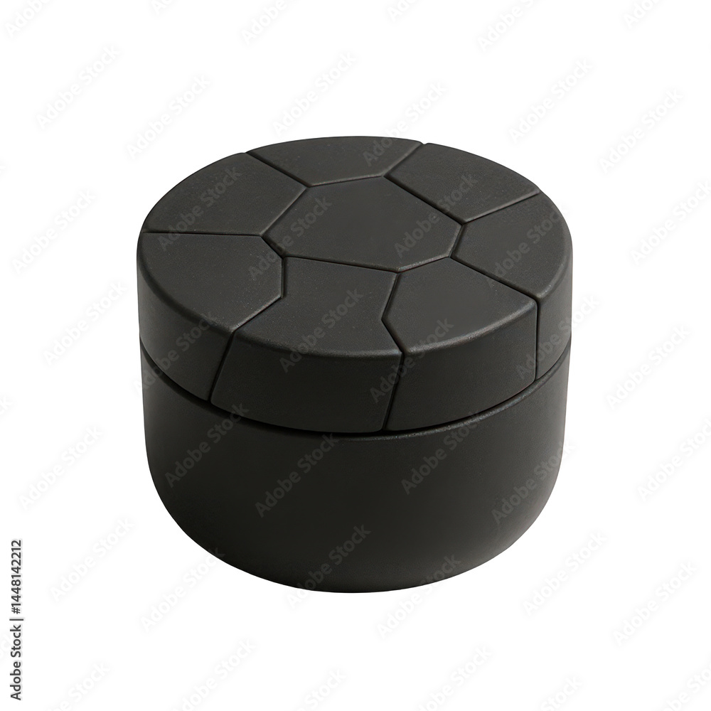Poster modern dark round container with a uniquely patterned lid featuring interlocking geometric shapes fo