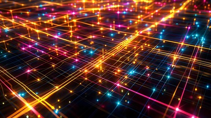 Obraz premium A vibrant digital network with glowing points and intersecting lines, symbolizing modern technology, data connectivity, and the flow of information in a digital world.