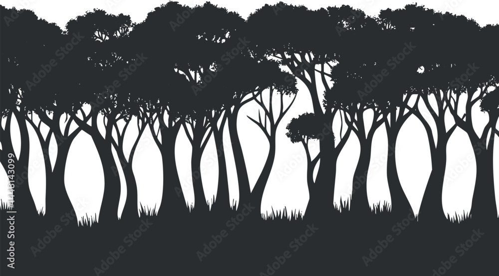 Poster silhouette of dense forest trees with visible trunks and foliage against a white background