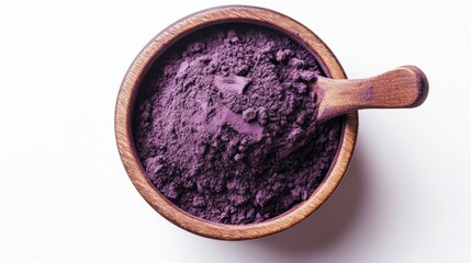 Acai superfood powder in smooth bowl, natural texture and color, white background