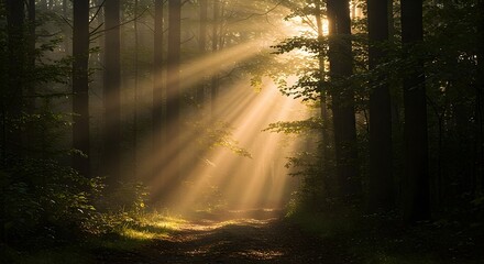 Fototapeta premium Sunlight Streaming Through Trees in Forest Path