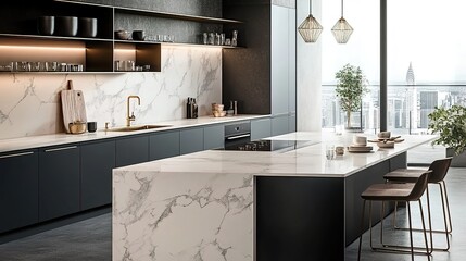 Modern kitchen with dark cabinets, marble countertops, island, pendant lights, cityscape view.