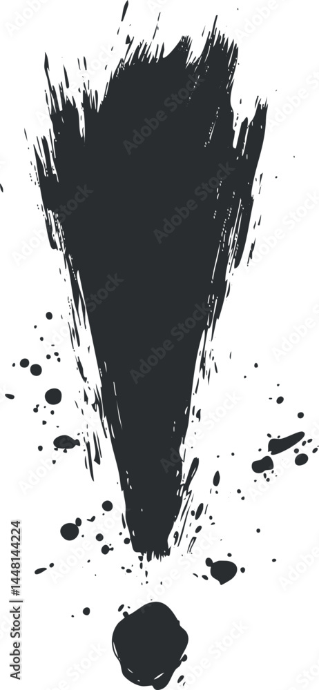 Poster grunge style black exclamation mark with ink splashes and rough texture on white background