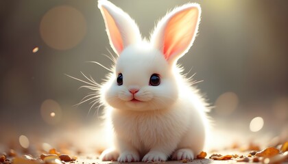A fluffy white rabbit with perky ears and dark eyes sits amidst a soft, dreamy background of blurred lights and delicate foliage.