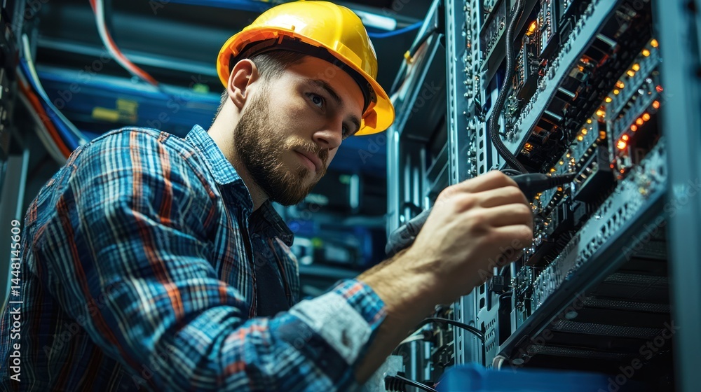 Poster a man in a hard hat working on a server in a data center.