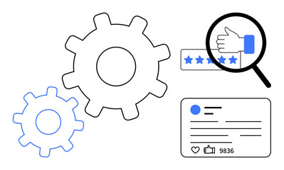 Gears representing process optimization, hand with stars for ratings under a magnifying glass, and social media stats. Ideal for teamwork, analytics, SEO, feedback, management, digital tools simple