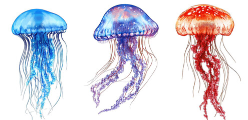 Fototapeta premium A vibrant illustration showcasing three jellyfish in striking blue. purple. and red hues. gracefully floating against a dark background. evoking a sense of underwater tranquility