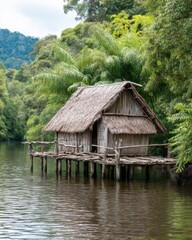 Papua riverside stilt hut with palm frond roof, dense jungle and quiet brown water, rustic detail