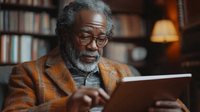 An elderly person, with a dignified presence, is deeply engrossed in using a tablet computer, capturing the blend of timeless wisdom with the contemporary use of the modern technology.