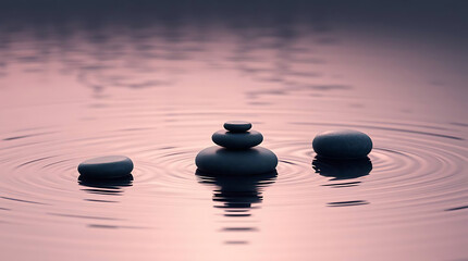 Minimalist zen stones floating on calm water with soft reflections and muted natural colors. Clean composition that evokes peace and stillness, Created with generated AI.