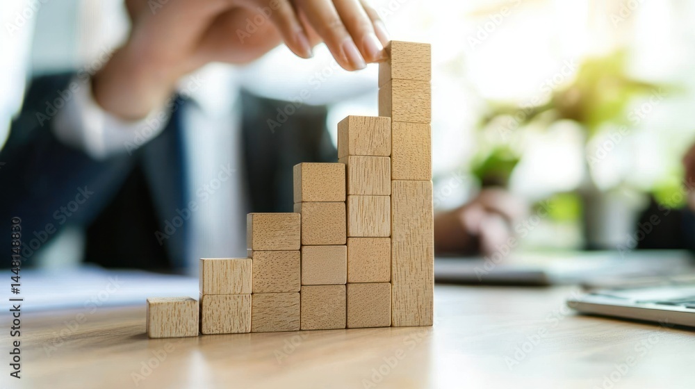 Poster a person's hand is placing a wooden block on top of a stack of blocks, creating a growing staircase-