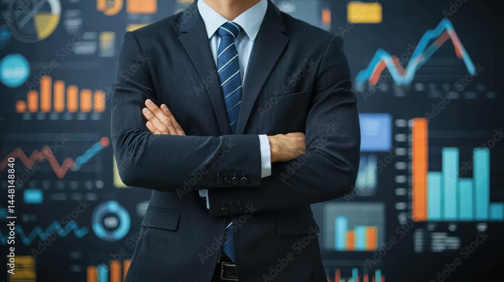 Poster a businessman standing in front of a digital display with financial charts and graphs.