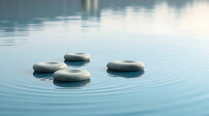 Minimalist zen stones floating on calm water with soft reflections and muted natural colors. Clean composition that evokes peace and stillness, Created with generated AI.