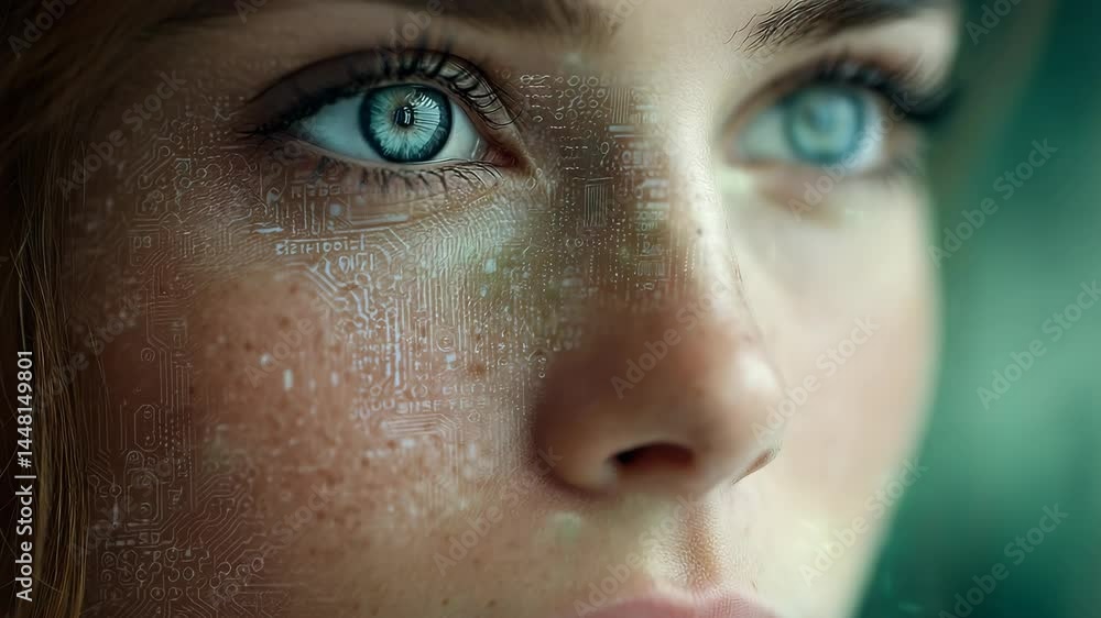 Poster close-up of woman's face displaying circuit board pattern, conveying technology and artificial intel