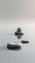 Minimalist zen stones floating on calm water with soft reflections and muted natural colors. Clean composition that evokes peace and stillness, Created with generated AI.