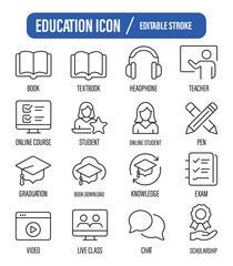 Education linear icons collection. Learning, school, student, teacher, sciences, e-book editable stroke icons. Vector illustration.