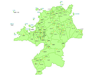福岡県　地図　黄緑　斑点　イラスト