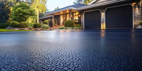 Modern two-story house with garage and driveway surrounded by lush greenery.