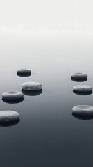 Minimalist zen stones floating on calm water with soft reflections and muted natural colors. Clean composition that evokes peace and stillness, Created with generated AI.