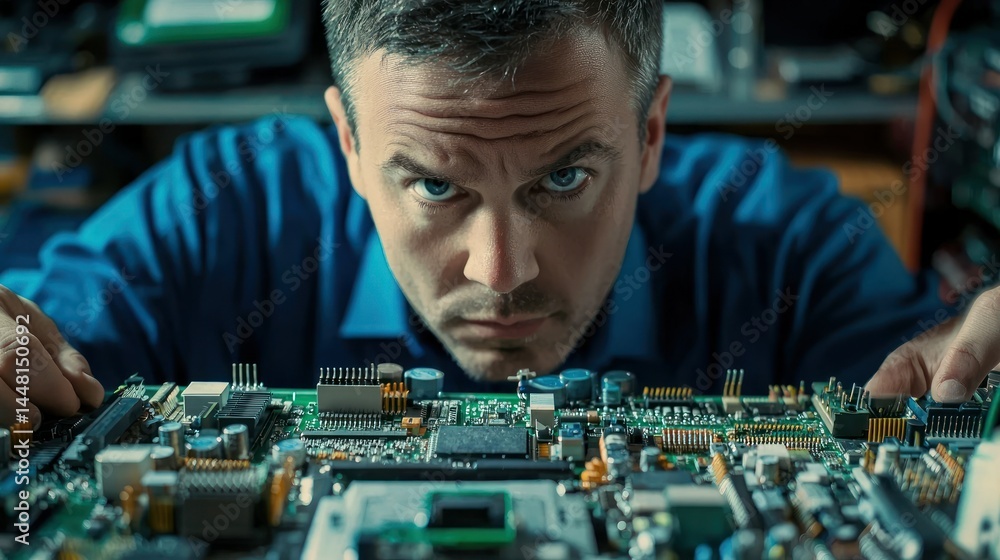Poster a man in a blue shirt is working on a computer circuit board in a cluttered workspace.