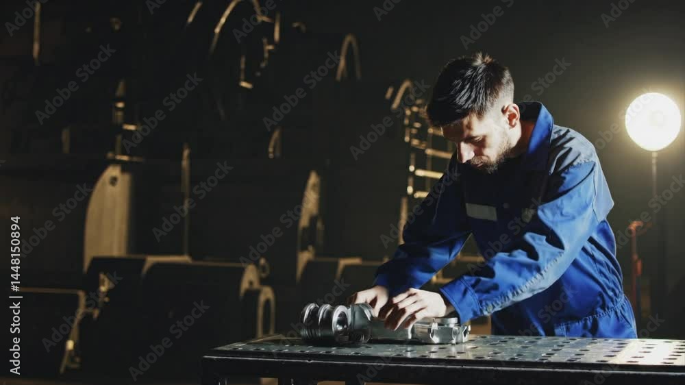 Poster worker assembles mechanical component in industrial workshop during evening hours