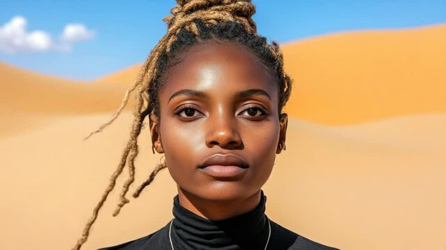 Portrait of a dark-skinned woman with dreadlocks and clear eyes standing against a backdrop of sand dunes and blue sky. Looking directly at the camera.