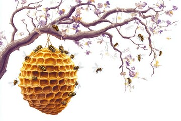 a honey hive on a tree branch and bees making honey