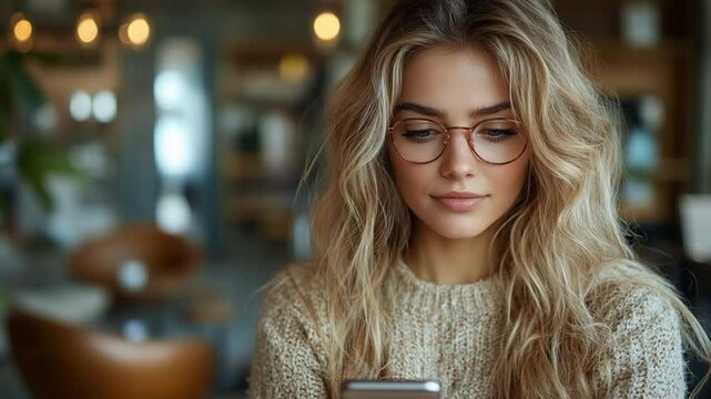 A captivating portrait of a young woman, wearing glasses and a sweater, her attention fixated on her mobile phone, in a casual and inviting setting.