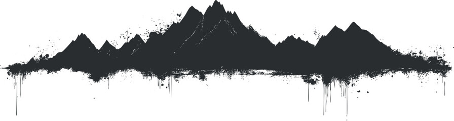 Black grunge silhouette of mountain range with peaks and rugged terrain isolated on white background