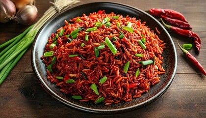 Red rice with green onions on wooden table, surrounded by chili, cilantro, and garlic.