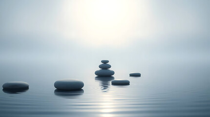 Minimalist zen stones floating on calm water with soft reflections and muted natural colors. Clean composition that evokes peace and stillness, Created with generated AI.