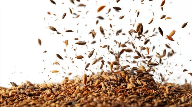 Caraway and cumin seeds dynamically tossed in air, isolated composition on white