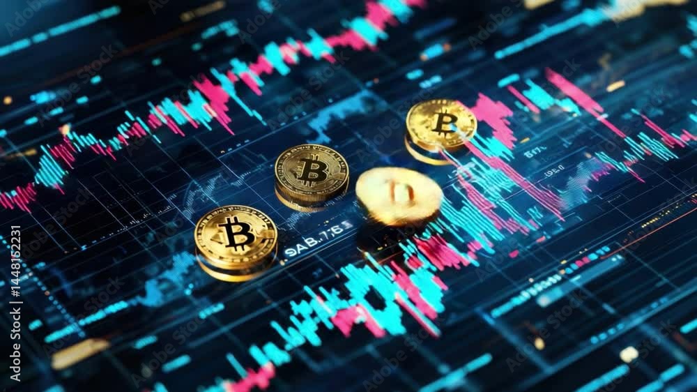 Aufkleber digital cryptocurrency market analysis with bitcoin on graphical interface background