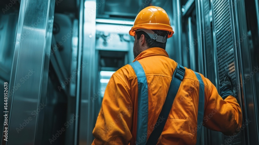 Poster a man in an orange uniform and yellow hard hat is standing in a server room with a computer server i